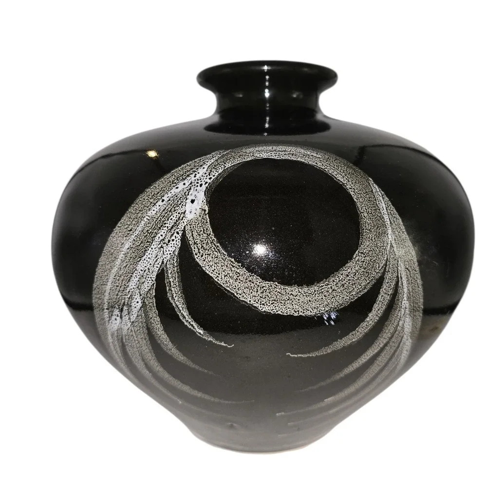 Black Ceramic Vase with Abstract White Design Elegant‎ Home Decor Accent Piece